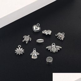 Charms Vintage Sier Animal Elephant Heart Love Angle Turtle Bee Sunflower Tree Pendant Charm For Bracelet Necklace Cute Diy Jewellery Dhirt