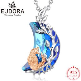 Necklaces Eudora New 925 Sterling Silver Blue Crystal Moon Fox Necklace Tree of Life Pendant Fashion Men Women Jewellery Gifts