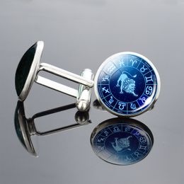 12 Zodiac Signs Glass Cabochon Cufflinks Metal Constellations Cuff Link for Men Shirt Accessories Valentines Day Gifts