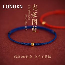 Bangles High Quality Real 24K Yellow Gold Beads 4mm Bracelet for Women Men 999 Glossy Red String Bracelet Couple Lover Red/Blue Rope