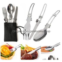 Flatware Sets Folding Portable Cutlery Set With Bag For Outdoor Travel Knife Fork Spoon Stainless Steel Tableware Dinnerware Drop De Dhvlj