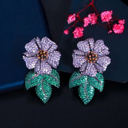Knot CWWZircons Purple Green Cubic Zirconia Leaf Flower Long Big Luxury Statement Drop Earring for Women Wedding Bridal Jewelry CZ885