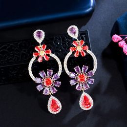 Knot CWWZircons Sparkly Purple Red Cubic Zircon Crystal Water Drop Flower Long Earrings for Women Gold Plated Party Wedding CZ082