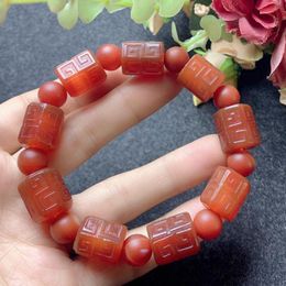 Bangle Natural Red Agate Fret Multifaceted Bead Jade Bracelet Jewellery Lucky Exorcise Evil Spirits Auspicious Amulet Fine Jade Jewelry