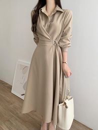 Casual Dresses Chic Autumn A-line Shirt Dress Korean Fashion Button Windbreaker Maxi Ladies Elegant Outerwear Women Winter Clothes 2023