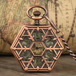 Pocket Watches Vintage Hexagon Hollow Men's Watch Mechanical Hand Winding Unique Charm Roman Numerals Dial Luxury Antique Timepiece