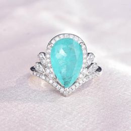 Cluster Rings WPB Premium Women Shiny Lake Blue Crown Droplet Ring Female Luxury Jewellery Zircon Design Girl Gift Party