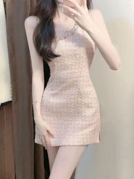 Casual Dresses Sexy Party One Shoulder Diagonal Collar Pink Plaid Dress Bodycon Mini Rhinestone Vestido Feminino Tweed Women's Korean