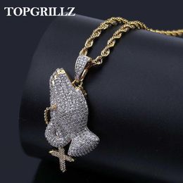 Necklaces Iced Out Praying Hand Pendant Necklace With Cross Mens/Women Gold Plated Hip Hop Charm Jewellery Necklace Chain For Gifts