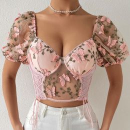 Womens Blouses Shirts Backless Woman Blouse Fishbon Corset Built In Bra Butterfly Embroidery Mesh Patchwork Laceup Female Drop 230519