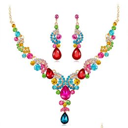 Pendant Necklaces Fashion Mticolor Crystal Stone Engagement Jewellry Sets For Brides Sier Gold Color Necklace Earrings Set T Dh5Sy