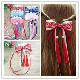 Hair Accessories Retro Style Hanfu Ancient Tassel Bow Tie Blue And White Porcelain Ribbon Children's Clip Headdress