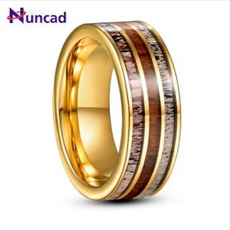 Rings 8mm Electric Gold Inlaid Deer Antler Wood Grain Tungsten Carbide Ring Men's Fashion Wedding Jewellery Gift AAA Quality