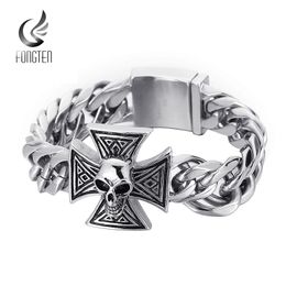 Bangle Fongten Punk Skeleton Cross Link Chain Men Bracelet Silver Color Curb Stainless Steel Viking Bangles For Men Fashion Jewelry