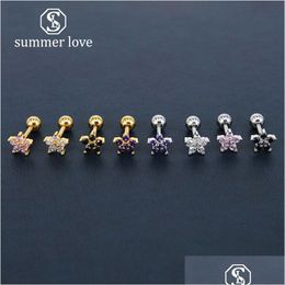 Dangle Chandelier 4 Colour Small Flower 5A Flash Zircon Stud Earrings For Women Girl Titanium Steel Gold Sier Studs Elegant Jewellery Dhbrd