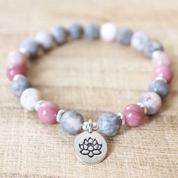 Bangle MG1330 8 mm Matte Zebra Jasper Rhodonite Mala Bracelet Root Chakra Yoga Bracelet Meditation Healing Crystals Jewelry