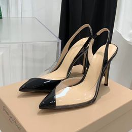 Fashionable pointed Slingback dress shoes Women Stiletto Sandals Lacquer leather paired transparent PVC pumps Luxury Designers Evening Shoe size 35-41