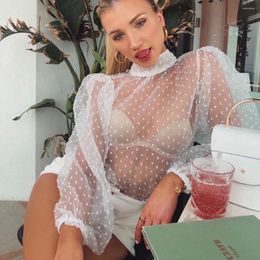 Women's Blouses Y2k Sexy Women Polka Dot Mesh Sheer See-through Tops Bikini Cover-Ups Puff Half High Collar Lantern Long Sleeve Blouse