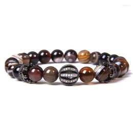 Strand Women Crown Charm Bracelet Natural Stone Stripe Agates Beads Fashion Micro Pave CZ Round Ball Jewellery Men