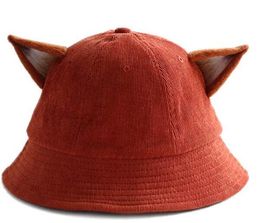 Berets Cute Fox Ears Bucket Hat Summer Travel Bucket Beach Sun Hat for Women Vintage Artist Corduroy Cap Accessories Brown