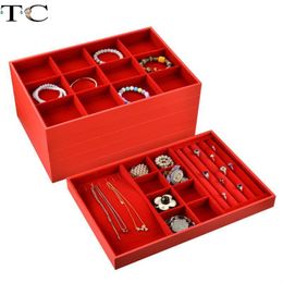 Boxes Jewelry Storage Display Tray New Outer Red Pu Leather + Inner Red Velvet Gold Ring Necklace Bracelet Lattice Display Tray