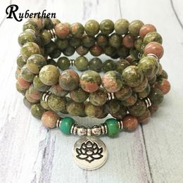 Pulseiras ruberthen 2019 novo 108 mala a grau unakite pulseira de alta qualidade lótus charme pulseira equilíbrio emocional auto pulseira