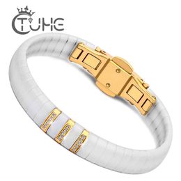 Bangle Hot Black White Ceramic Bracelet Men Woman 316L Stainless Steel Crystal Rhinestone Gold Bracelet Hand Chain Jewelry Watch Clasp