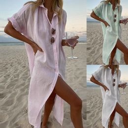 Party Dresses Fashion Women's Solid Color Casual Long-sleeved Mid-length Cotton Shirt Dress Lady Summer Short Sleeve Women