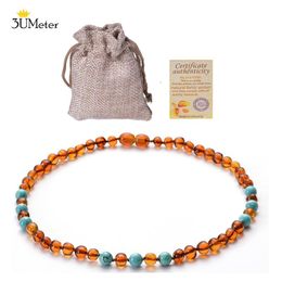 Necklaces 3UMeter Baltic Amber Necklaces Anti Flammatory Authenticity Amber Teething Necklace for Baby Jewelry Gift Turquoise Amethyst