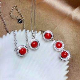 Sets MeiBaPJ Natural Round Red Coral Gemstone Jewellery Set 925 Silver Ring Necklace Earrings 3 Pieces Suits Wedding Jewellery