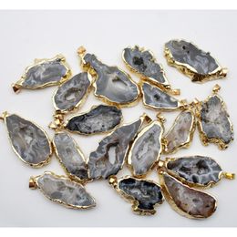 Other Natural Stone Electro plated Gold Colour Slice Open Brazilian Agates Geode Druzys Pendants For DIY Necklace Jewellery Making 5Pcs