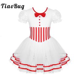 Dancewear TiaoBug Kids Short Lace Sleeves Striped Figure Skating Dress Gymnastics Leotard Girls Performance Dance Costume 230520