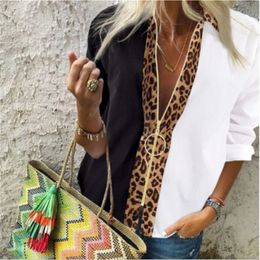 Womens Blouses Shirts Fashion Leopard White Spliced Blouse Women Spring Fall Long Sleeve Zip Up VNeck Tops Casual Female Plus Size 230519