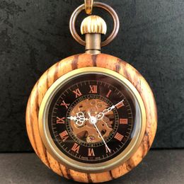 Pocket Watches Personality Retro Solid Wood Mechanical Watch For Men Women's Collection Souvenirs Pendant With Chain Gifts Clock
