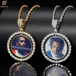 Necklaces Customised Jewellery Rotating Doublesided Picture Pendant Gold Plated Micro Inlaid Zircon Memory Photo Custom Hip Hop Jewellery