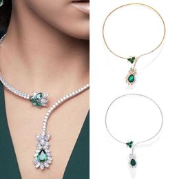 Torques INS Vintage Rhinestone Green Zircon Flower Water Drop Open Choker Necklace for Women Luxury Crystal Wedding Cuff Collar Necklace