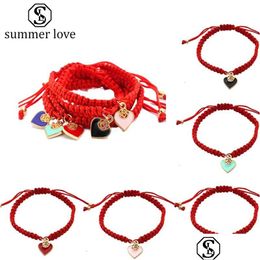 Chain Fashion Ethnic Braided Heart Charm Bracelet For Women Adjustable Size Red String Enamel Pendant Bracelets Valentines Day Jewel Dhvai