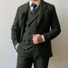 Men's Suits RICODESIGN Men's Slim Fit Formal Business Suit Set 3 Pieces Green Tweed Jacket Pants Vest Fashion Winter Tailored