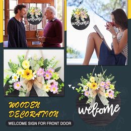 Decorative Flowers Wooden Sign Listing Pendant Round Creative Welcome Door Indoor Home Decor Daisy Artificial