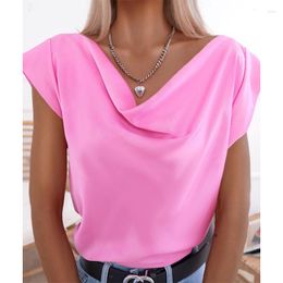 Women's Blouses 2023 Fashion Woman Tops Summer Short Sleeve Satin Shirts Stylish Pile Collar Solid Casual Female Elegant Blusas 26219