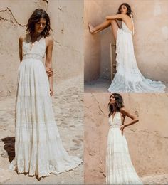 2023 Bohemian Wedding Dresses Halter Deep V Neck Luxury Embroidery Sweep Train Backless Bridal Gowns Custom Made Beach Boho Wedding Dress