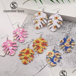 Dangle Chandelier Fashion Pu Leather Earrings For Women Boho Sunflower Daisy Printing Fish Bone Double Side Party Jewellery Christma Dhd8K