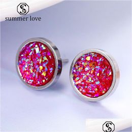 Stud Arrival 12Mm Handmade Round Crystal Druzy Earring For Women Men Sier Color Titanium Steel Fashion Jewelry Gift Drop Delivery Ear Dhlfa