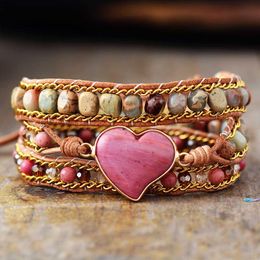 Bangle Luxury Heart Shape Wrap Bracelets W/ Jaspers Crystal 3 Strands Leather Chain Bracelet Fashion Jewelry Bijoux Dropshipping