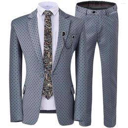 Men's Suits 2023 2 Pieces Men's Wedding Suit Dots Printed Slim Fit Notch Lapel Tuxedos Grey (Blazer Pants)