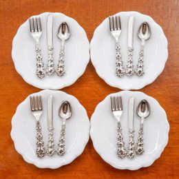 Dinnerware Sets 12-piece Set Of Mini Silver Cutlery 1:6/1:12 Scale Dollhouse Kitchen Accessories Spoon Knife And Fork Dro