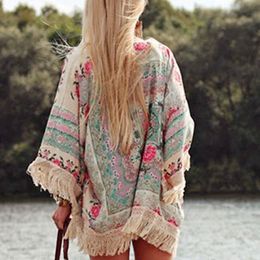 Womens Blouses Shirts Women Summer Holiday Boho Floral Print Thin See Through Tassel Half Sleeve Cardigan Beachwear Cape Woman Tops 230519