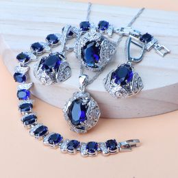 Necklace Blue Zircon 925 Silver Jewellery Sets Ladies Bridal Earrings Stone Bracelets Wedding Jewellery For Women Rings Pendant Necklace Set