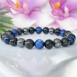 MG1902 8 MM Russian Shungite Black Tourmaline Hematite Blue Tigers Eye Bracelet Womens Yoga Wrist Mala Jewel