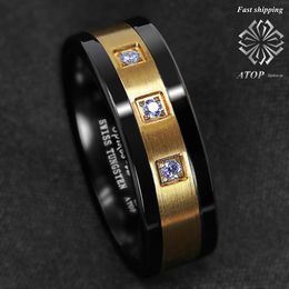 Rings 8mm Black Tungsten Ring Brushed 18K Gold Diamonds ATOPLUXURY Men's Wedding Band